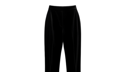 Formal dark garment displays sleek texture against a stark black background