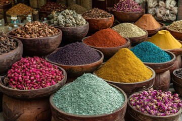 Vibrant Spice Market Display - A Colorful Array of Flavors.