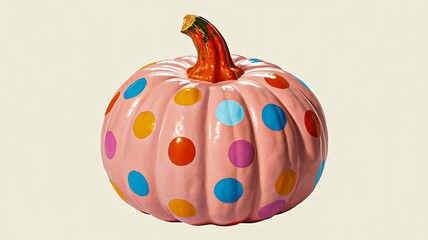 Colorful pink polka dot painted pumpkin on light background

