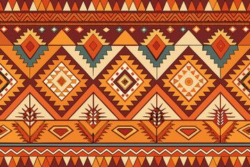 Repeating ethnic geometric pattern with diamond and plant-like motifs in warm earthy colors Keywords: ethnic, geometric, pattern, seamless, tribal