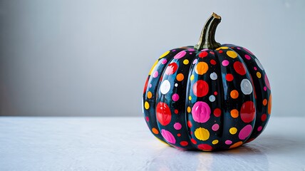 Colorful painted pumpkin with vibrant polka dot decoration on white background
