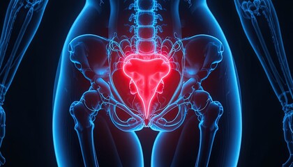 Anatomical rendering illuminates the uterus, ovaries, and pelvic bones, ideal for healthcare, medical education, and women's health initiatives