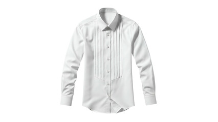Formal pleated front dress garment displays crisp white fabric against a dark background