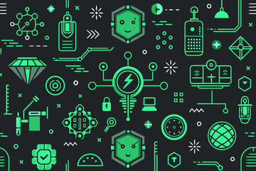 Seamless pattern of green futuristic technology icons on black background vector