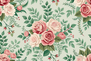 Soft Pink Roses and Green Leaves in a Repeating Floral Pattern vector illustration