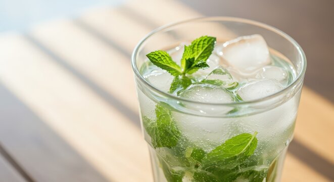 Refreshing clear beverage with mint leaves and ice cubes sits bathed in warm sunlight. - Powered by Adobe