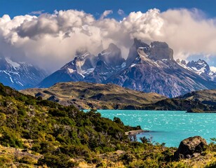 A breathtaking landscape with a vibrant turquoise lake reflecting the dramatic, snow-capped mountains under a cloudy sky