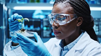 A Black scientist holds a plant in a petri dish, wearing protective eyewear in a lab setting - Powered by Adobe