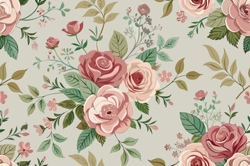 Vintage floral pattern with pink roses and green foliage on a light gray background Keywords: floral, pattern, seamless, vintage, roses, flowers