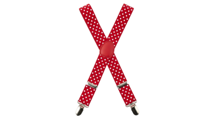 Red fabric straps with white polka dots form an X shape against a solid black background