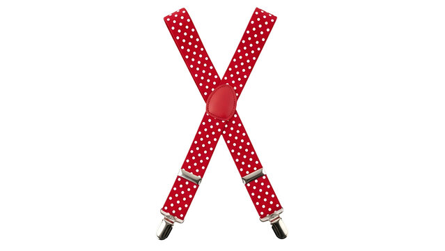 Red fabric straps with white polka dots form an X shape against a solid black background