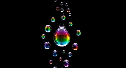 A mesmerizing display of iridescent soap bubbles floating against a stark black backdrop, creating a captivating and ethereal visual experience