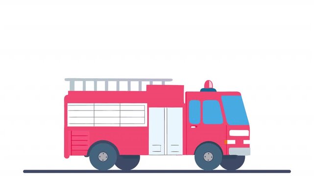 Fire Truck in the City. Animation of a Fire Truck Driving with an Alarm, Alpha Channel. Cartoon