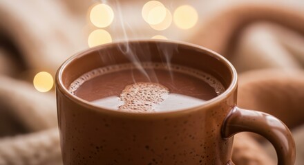 Steaming hot beverage rests in a speckled ceramic mug against a soft, glowing background