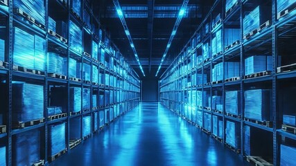 Automated smart warehouse storing blue glowing boxes on shelves - Powered by Adobe