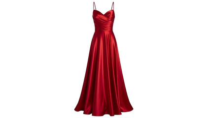 Luxurious vibrant red satin gown displayed against a stark black background