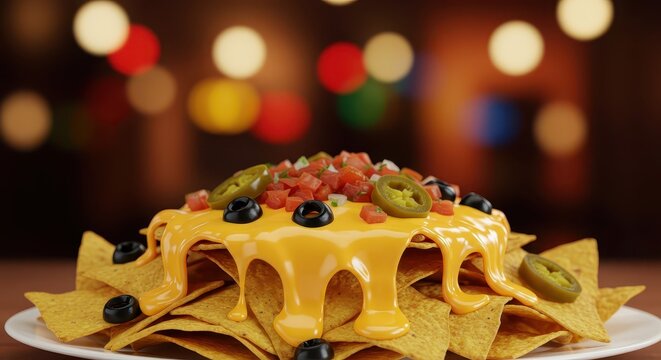 Stacked tortilla chips generously covered with melted cheese sauce and colorful toppings are presented against a dark background with bokeh lights. - Powered by Adobe