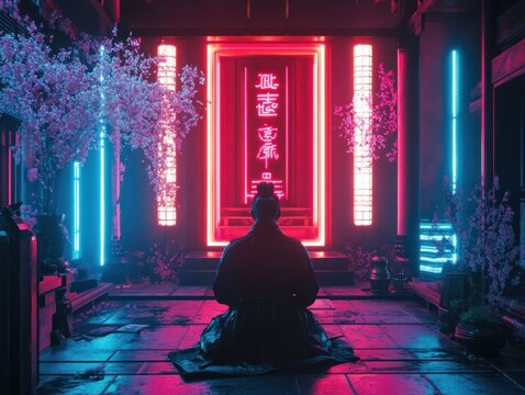 Meditating figure illuminated by neon lights