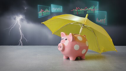 A pink piggy bank sits beneath a bright yellow umbrella, symbolizing financial protection, with stormy weather and financial graphs in the background, creating a dramatic financial concept
