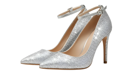 Pair of sparkling silver high heeled shoes features slender ankle straps isolated against black