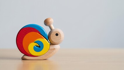 A vibrant wooden snail toy featuring a spiral shell in bright colors, resting on a smooth light wooden surface, showcasing playful design and craftsmanship for children's toys