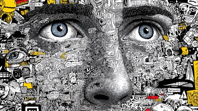 Intricate Black and White Illustration Featuring Blue Eyes Surrounded by a Colorful Array of Abstract Art and Designs