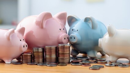 Three vibrant piggy banks in pink and blue colors are positioned around stacks of coins on a wooden table, symbolizing savings and financial planning in a cozy environment