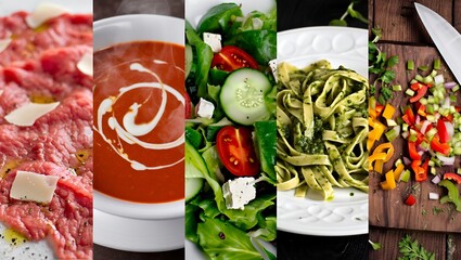 A vibrant collage showcasing various culinary delights, including raw meat, soup, salad, pasta, and chopped vegetables, highlighting the beauty of fresh ingredients and diverse flavors