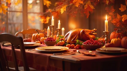 A beautifully arranged autumn dinner table features a golden roasted turkey surrounded by pumpkins, candles, and vibrant fall leaves, creating a warm and inviting atmosphere for celebration