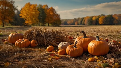 A variety of pumpkins, including orange and white, are arranged on hay in a picturesque autumn landscape, surrounded by colorful trees and a clear sky, capturing the essence of fall