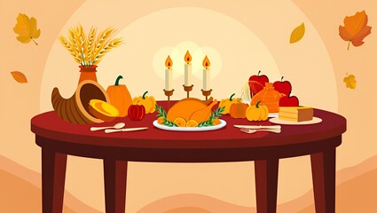 A beautifully arranged Thanksgiving dinner table features a roasted turkey surrounded by pumpkins, apples, and candles, creating a warm and inviting autumn atmosphere for celebration