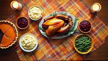 Thanksgiving feast with roasted turkey, sides, and festive decorations