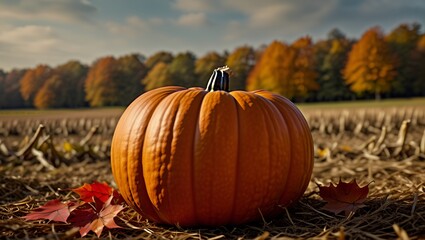A bright orange pumpkin sits prominently on a harvested field, surrounded by fallen autumn leaves, with a backdrop of colorful trees showcasing the beauty of the fall season