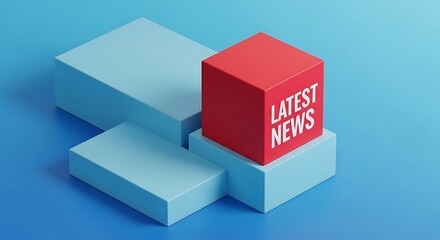Red cube displays latest news on a blue geometric background