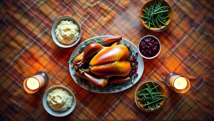 A beautifully arranged Thanksgiving feast featuring a roasted turkey at the center, surrounded by bowls of mashed potatoes, green beans, cranberry sauce, and lit candles, creating a warm atmosphere