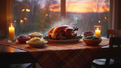 A beautifully arranged Thanksgiving dinner table features a golden roasted turkey surrounded by mashed potatoes, green beans, cranberry sauce, and candles, creating a warm and inviting atmosphere