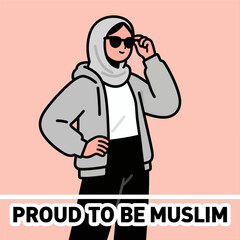 Obraz premium Muslim woman with hijab adjusting sunglasses, modern vector illustration, isolated
