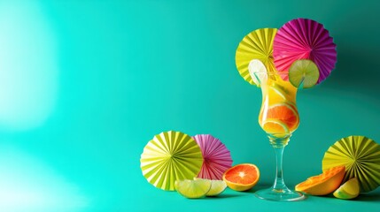 Naklejka premium Colorful cocktail with decorative elements against a vibrant turquoise backdrop