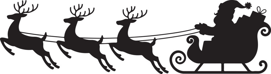 Vector Christmas black and white illustration with Santa Claus riding his sleigh pulled by reindeers © Masud