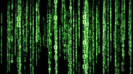 Digital rain of green binary code flowing down a dark screen representing data technology cybersecurity and the virtual world. - Powered by Adobe