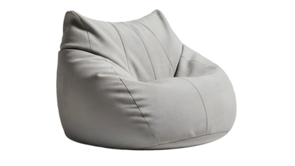 Soft, light gray textile beanbag chair isolated against a solid black background