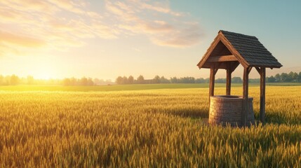 Old well in a golden field at sunset