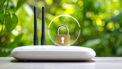 A close-up view of a wireless router with antennas, a padlock overlay, and a natural green bokeh backdrop