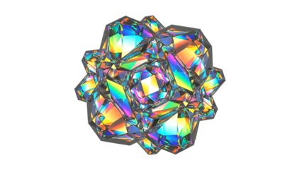 Iridescent multifaceted crystal cluster displays brilliant spectral refraction against a deep black background