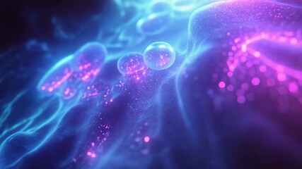Glowing microscopic cells floating through abstract biological structure - Powered by Adobe