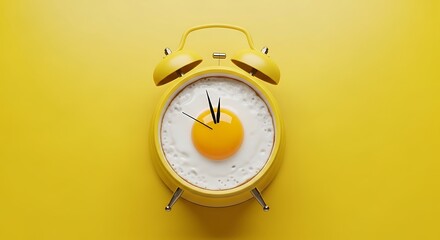 Yellow alarm clock with fried egg face on a matching yellow background