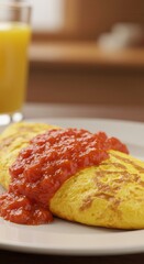 Bright yellow omelet generously topped with thick red tomato sauce rests on a white plate beside a glass of juice.