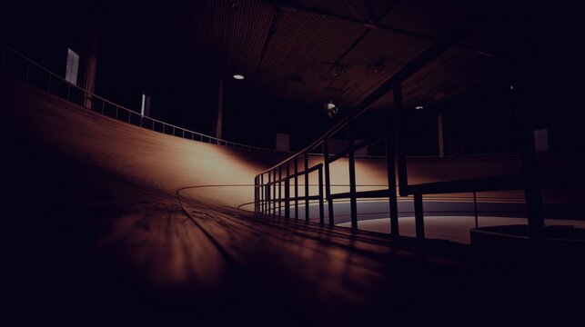 An atmospheric wide shot of an empty indoor velodrome, with dramatic lighting emphasizing the curved racing track, competitive sports, cycling event branding, athletic training, endurance sport
