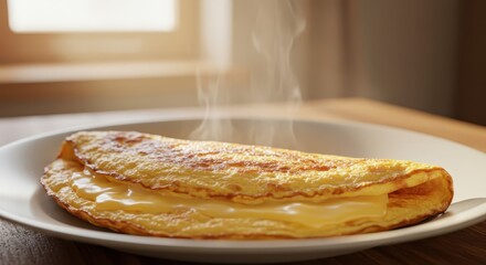 Steaming cheese filled omelet rests upon a simple white plate indoors during morning light