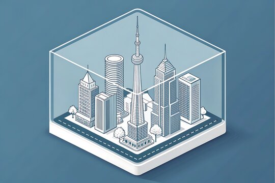 Isometric sketch of a modern cityscape contained within a transparent cube on a blue background